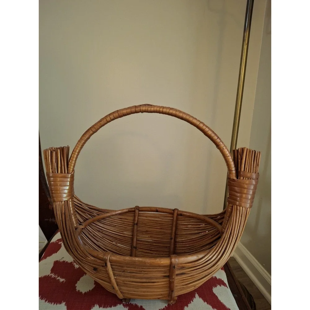 Vintage MCM Handmade Bamboo and Rattan Boat Shaped Fruit Basket With Handle